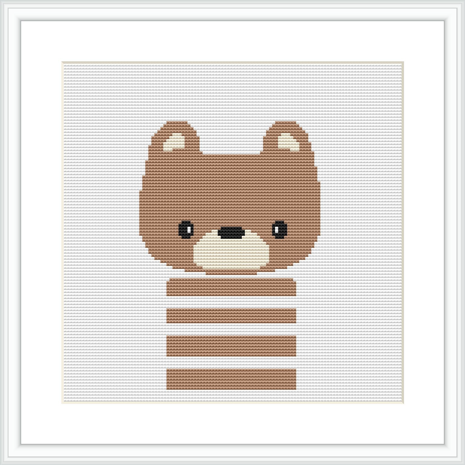 The image shows a cross stitch pattern framed in white, depicting a cute brown bear with a white snout and ears. The bear features horizontal stripes across its body and sits centered on a white background.