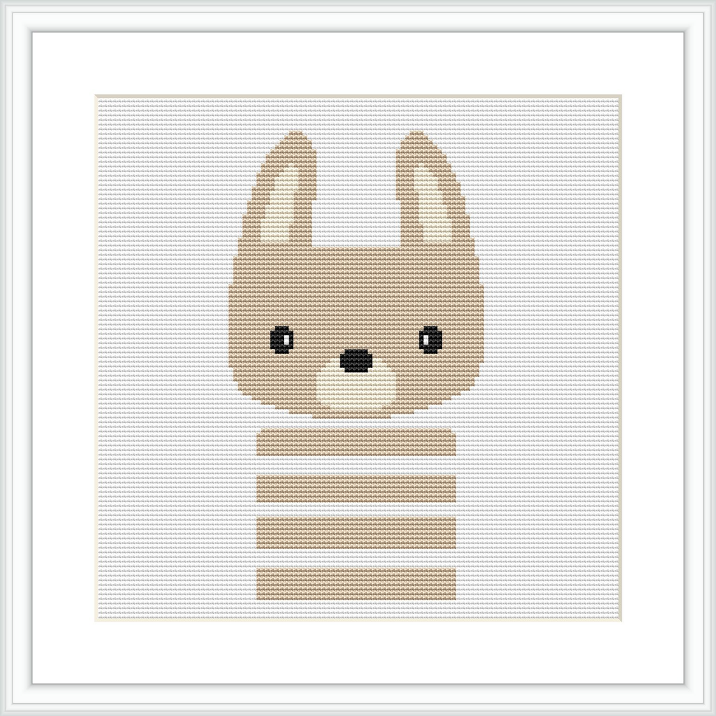 The image depicts a cross stitch design of a stylized bunny with pointed ears and horizontal stripes on its body, framed by a white border on a grey squared background.