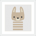 The image depicts a cross stitch design of a stylized bunny with pointed ears and horizontal stripes on its body, framed by a white border on a grey squared background.
