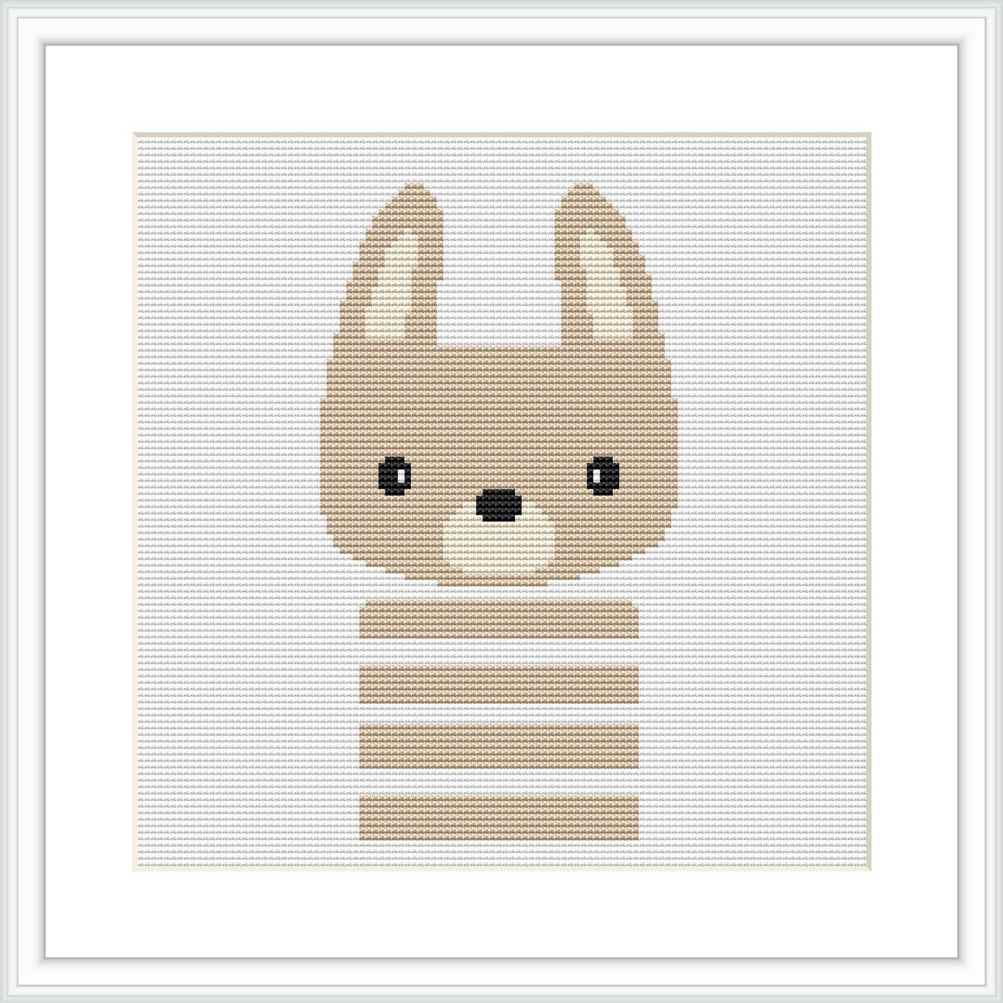 The image depicts a cross stitch design of a stylized bunny with pointed ears and horizontal stripes on its body, framed by a white border on a grey squared background.