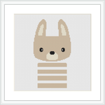 The image depicts a cross stitch design of a stylized bunny with pointed ears and horizontal stripes on its body, framed by a white border on a grey squared background.