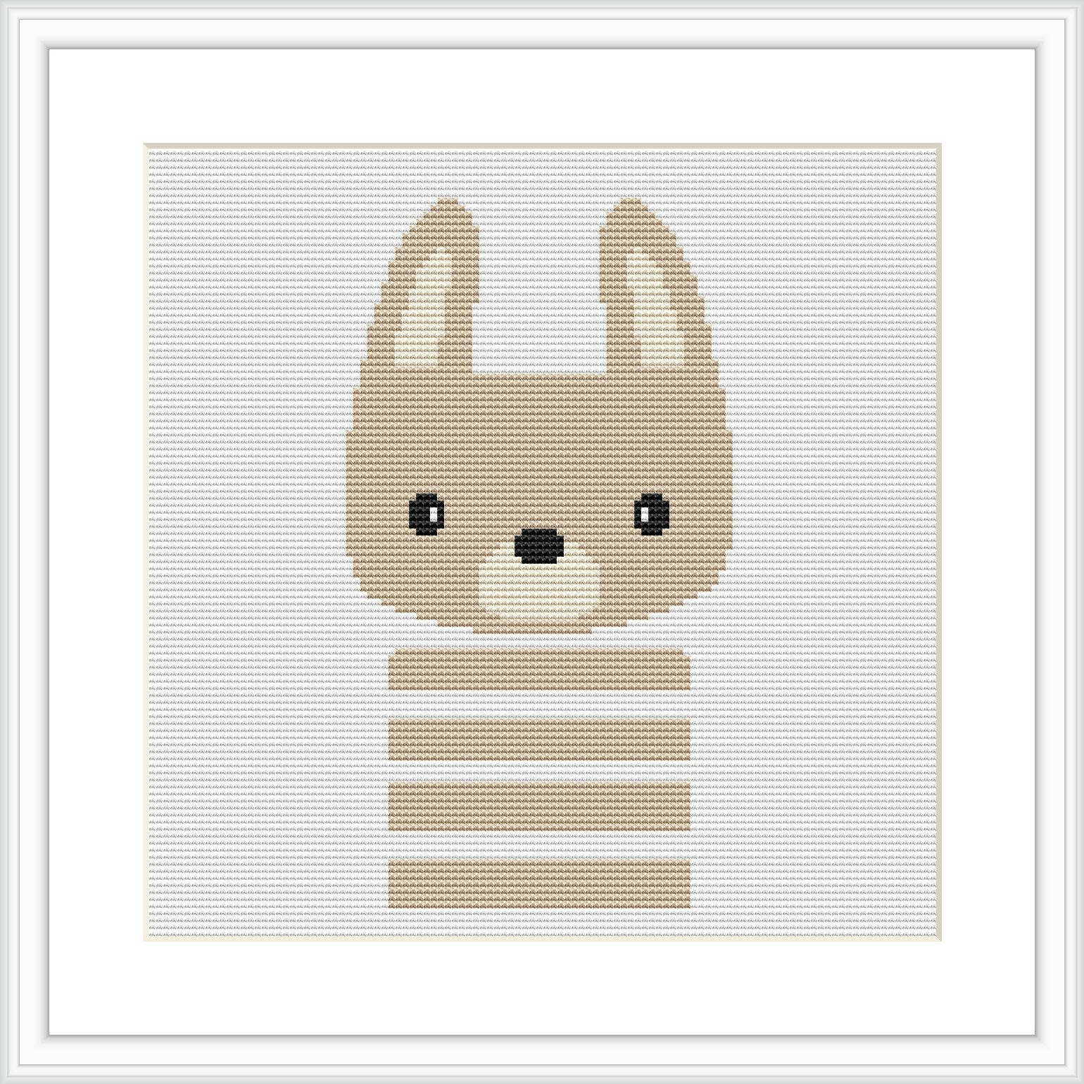 The image depicts a cross stitch design of a stylized bunny with pointed ears and horizontal stripes on its body, framed by a white border on a grey squared background.