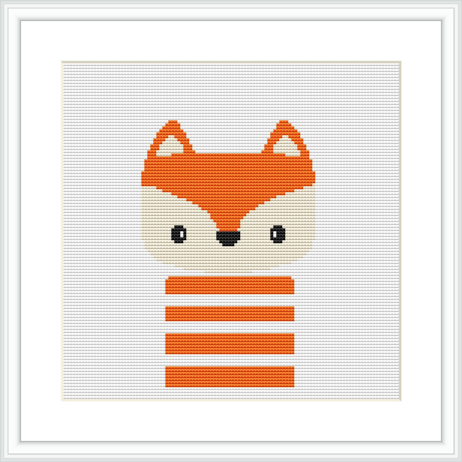 The image features a simplistic cross stitch pattern of a fox's face and upper body, with orange and white colors and black detailing. The fox has a playful expression and is framed by a simple white border inside a square frame.