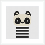 The image shows a minimalist style cross stitch pattern featuring a stylized panda bear's face with pronounced circular eyes and ears, separated by horizontal stripes across its body. The pattern is centered on a white background framed with a simple square border.