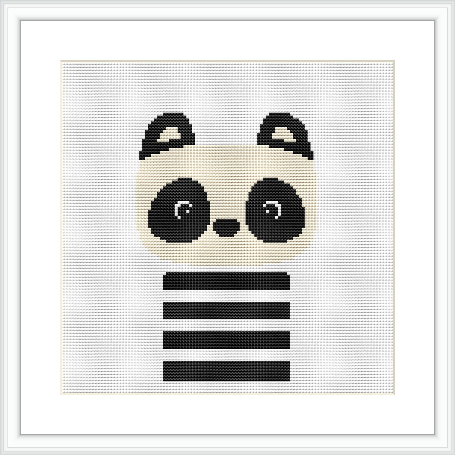 The image shows a minimalist style cross stitch pattern featuring a stylized panda bear's face with pronounced circular eyes and ears, separated by horizontal stripes across its body. The pattern is centered on a white background framed with a simple square border.