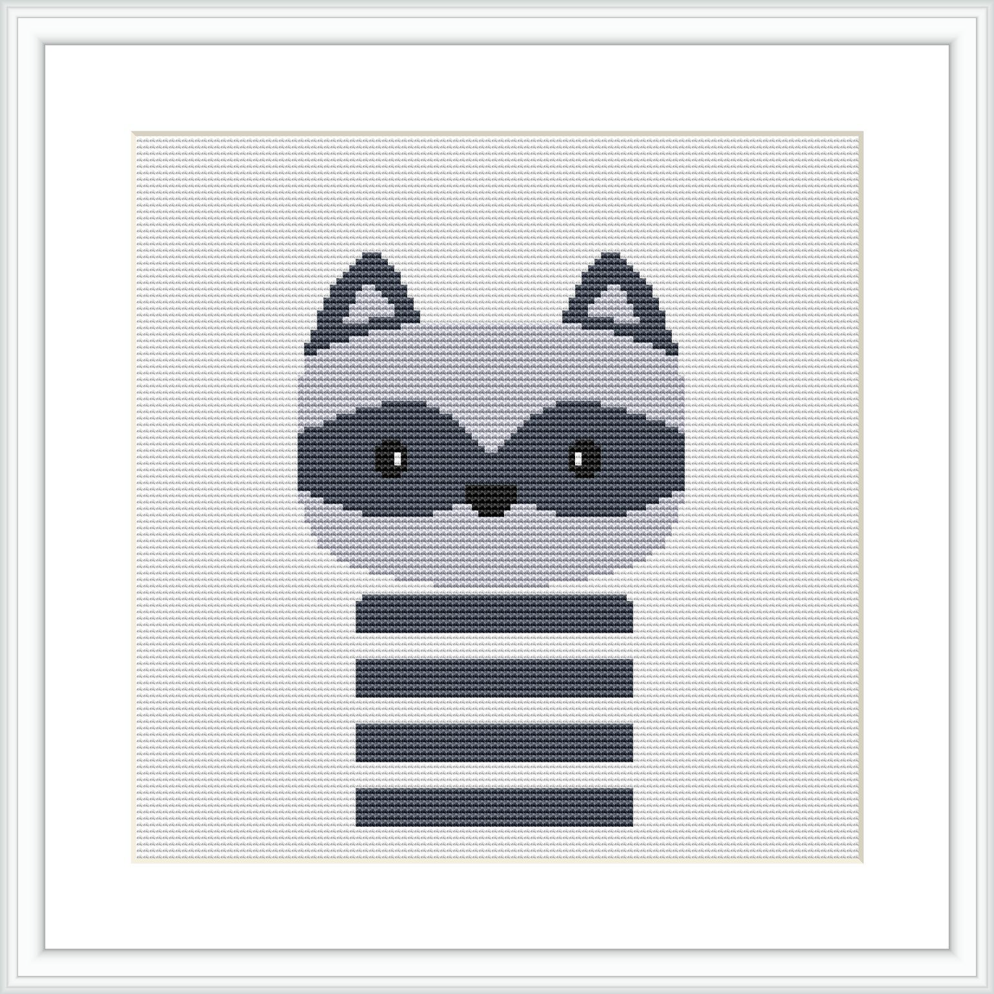 The image features a minimalist design of a raccoon's head with distinct facial patterns and stripes on its body, centered on a plain white fabric background within a simple frame.