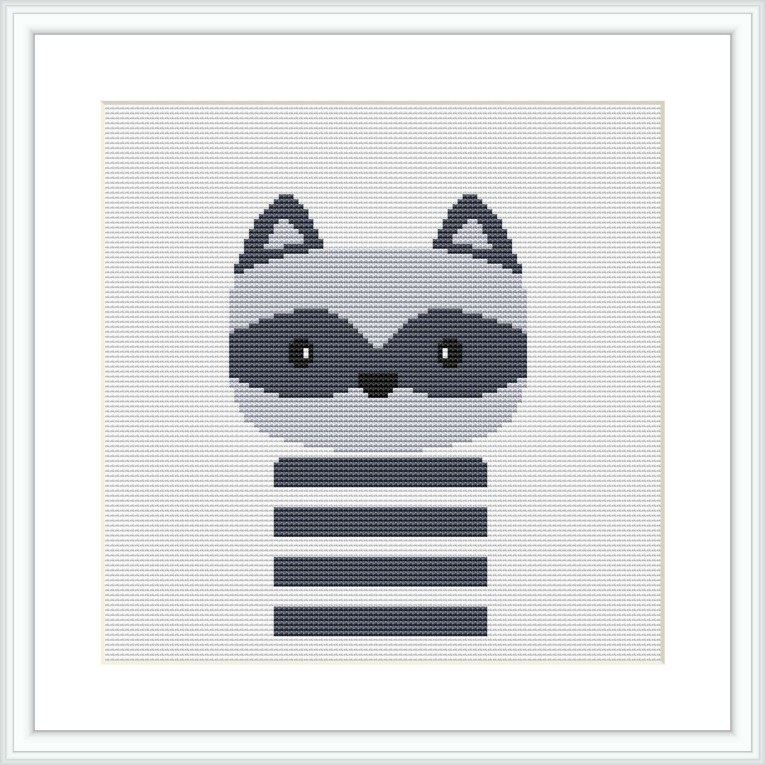 The image features a minimalist design of a raccoon's head with distinct facial patterns and stripes on its body, centered on a plain white fabric background within a simple frame.