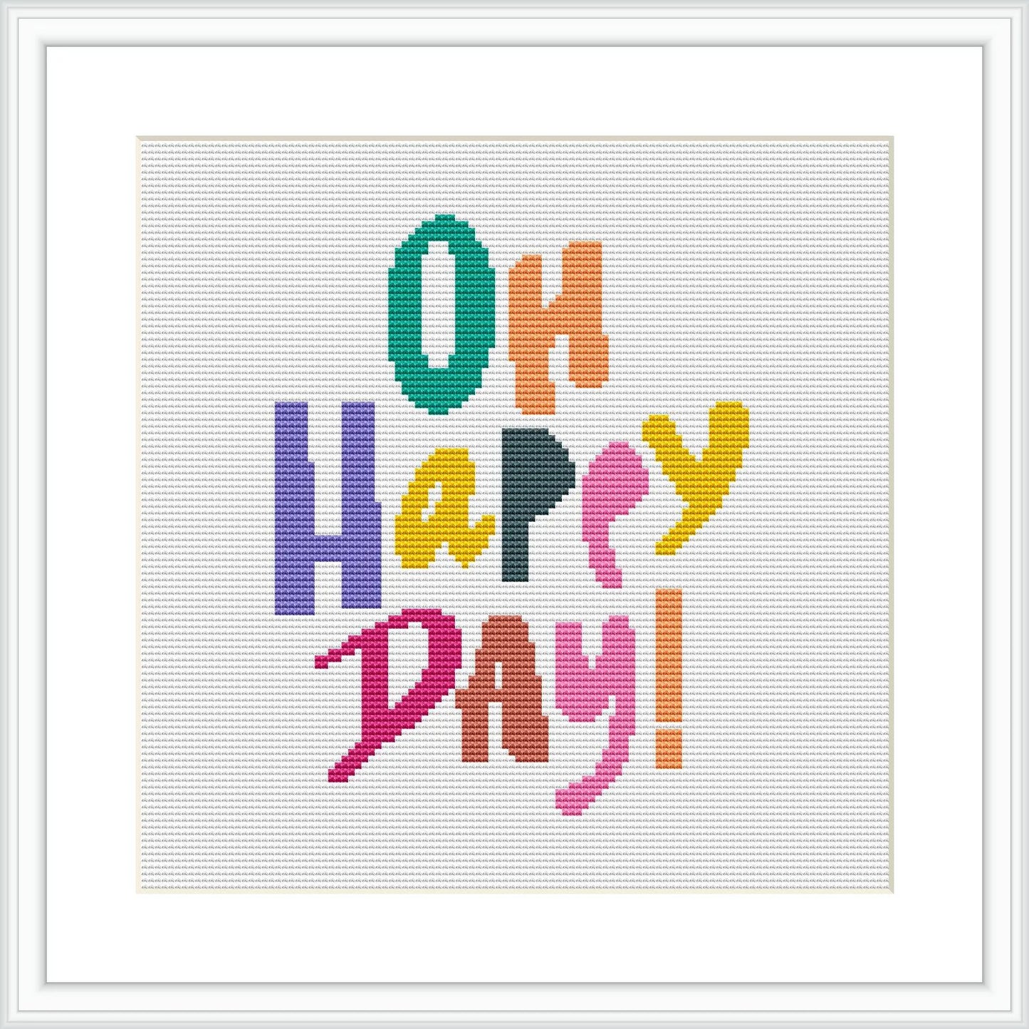 The image shows a cross stitch pattern with the phrase 'Oh Happy Day!' stitched in colorful block letters on a white canvas framed in a simple white frame.