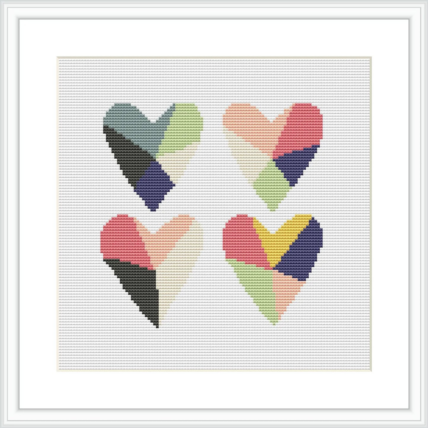 The image shows a white-framed cross stitch pattern with four stylized hearts arranged in a two-by-two grid. Each heart is filled with a geometric pattern containing multiple colors. The background is plain white, highlighting the colorful design of the hearts.