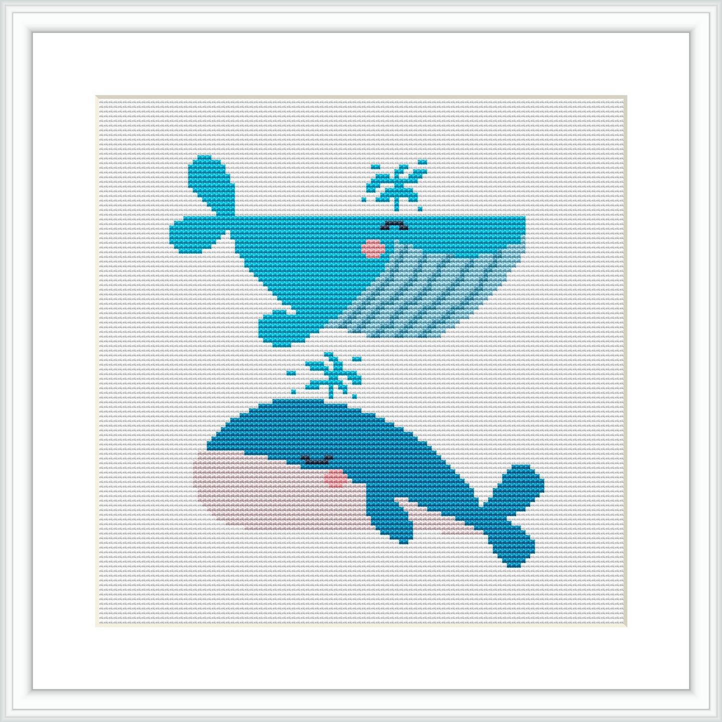 The image depicts two stylized whales composed of flat blocks of color. The whales are arranged vertically, one above the other, against a white background with blue subtle pixelated water drops around them. The pattern is framed in white.