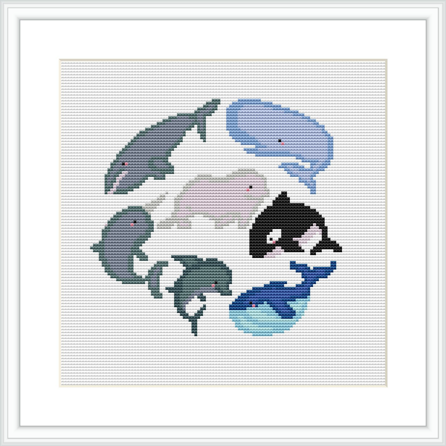 The image shows a framed cross stitch piece with various whales arranged in a pattern. The designs are pixelated due to the cross stitch technique and are depicted in shades of blue, grey, and white, with touches of pink and black.