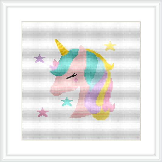 The image displays a cross stitch pattern of a unicorn head with a multicolored mane in pastel shades. The unicorn is adorned with stars around its head, and its horn is a bright yellow, contrasting with the rest of the pastel colors. The background is white, and the unicorn is centered on the canvas within a white frame.