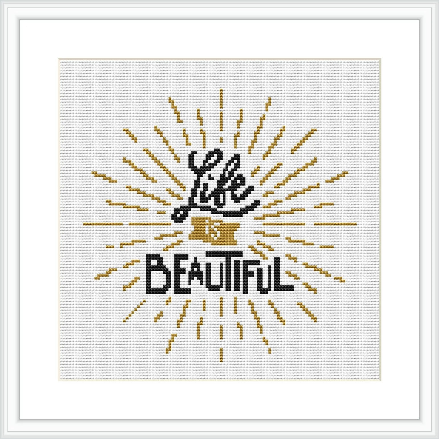 The image displays a cross stitch pattern featuring the phrase 'Life is Beautiful' centered on a white canvas. The text is surrounded by radial lines that create a sunburst effect, primarily in gold and black tones.