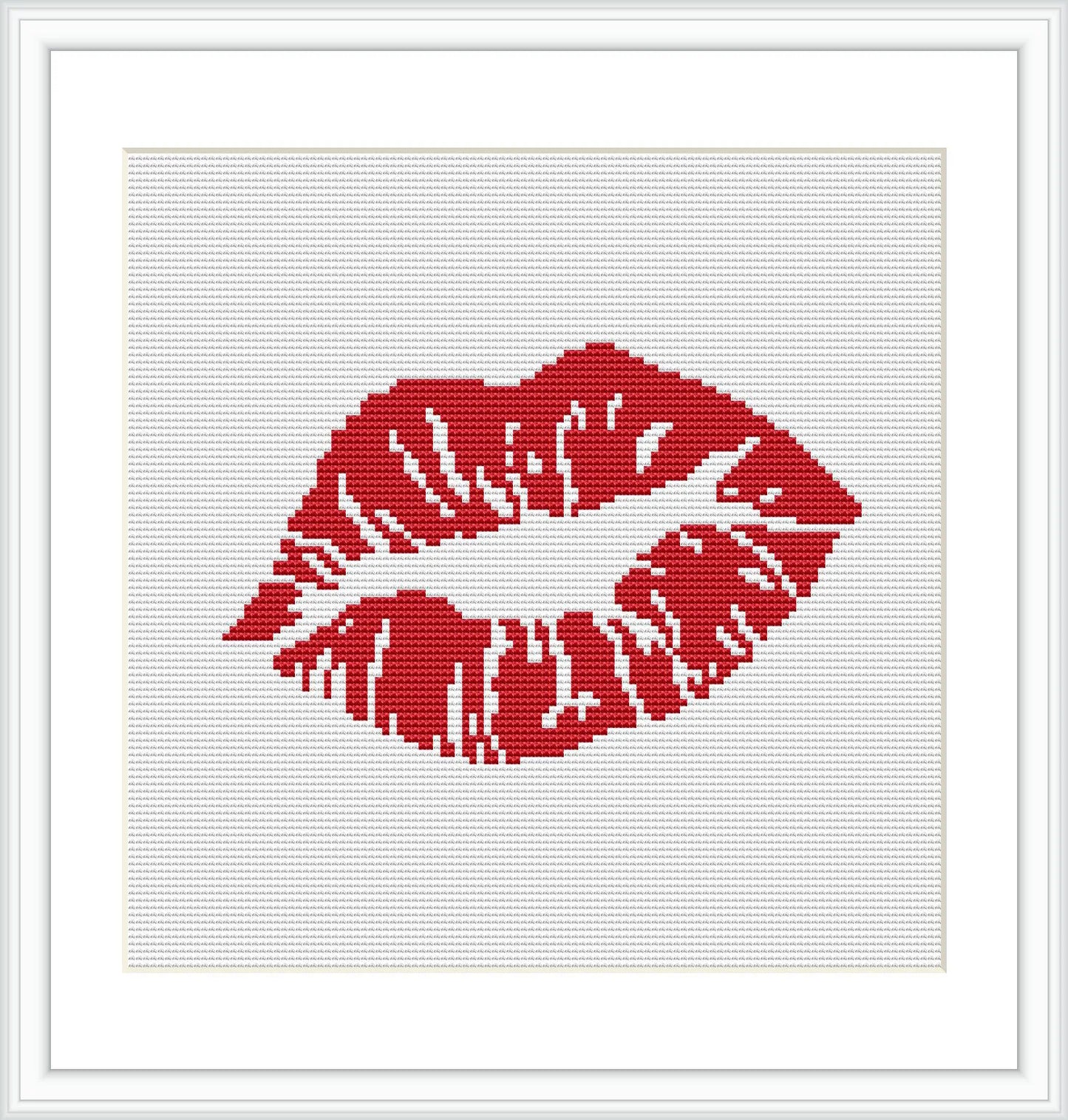 The image features a cross stitch pattern design of a red lip imprint centrally placed on a white background, framed by a simple, thin frame.