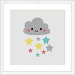 The image depicts a cross stitch pattern framed with a simple white border. At the center is a friendly grey cloud with cute facial features. From the cloud, several stars in varying colors—yellow, red, aqua, and grey—are falling or floating. The pattern is on a white evenweave fabric background.