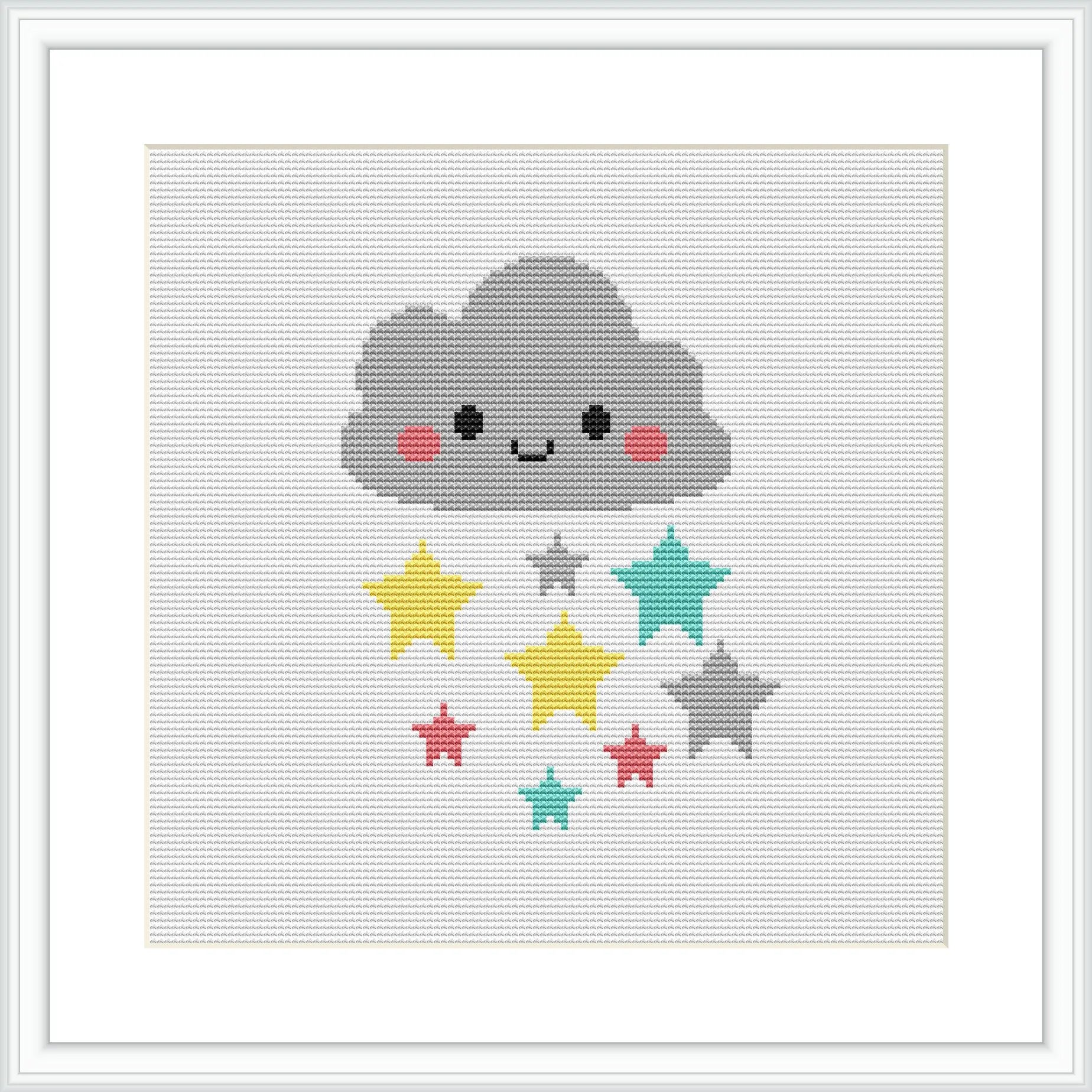 The image depicts a cross stitch pattern framed with a simple white border. At the center is a friendly grey cloud with cute facial features. From the cloud, several stars in varying colors—yellow, red, aqua, and grey—are falling or floating. The pattern is on a white evenweave fabric background.