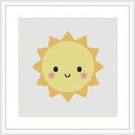 The image shows a stylized depiction of the sun with a cute face smiling in the center. The sun has rays extending outward and is predominantly yellow with touches of orange and pink on its cheeks.