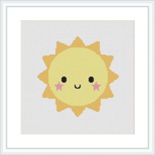 The image shows a stylized depiction of the sun with a cute face smiling in the center. The sun has rays extending outward and is predominantly yellow with touches of orange and pink on its cheeks.