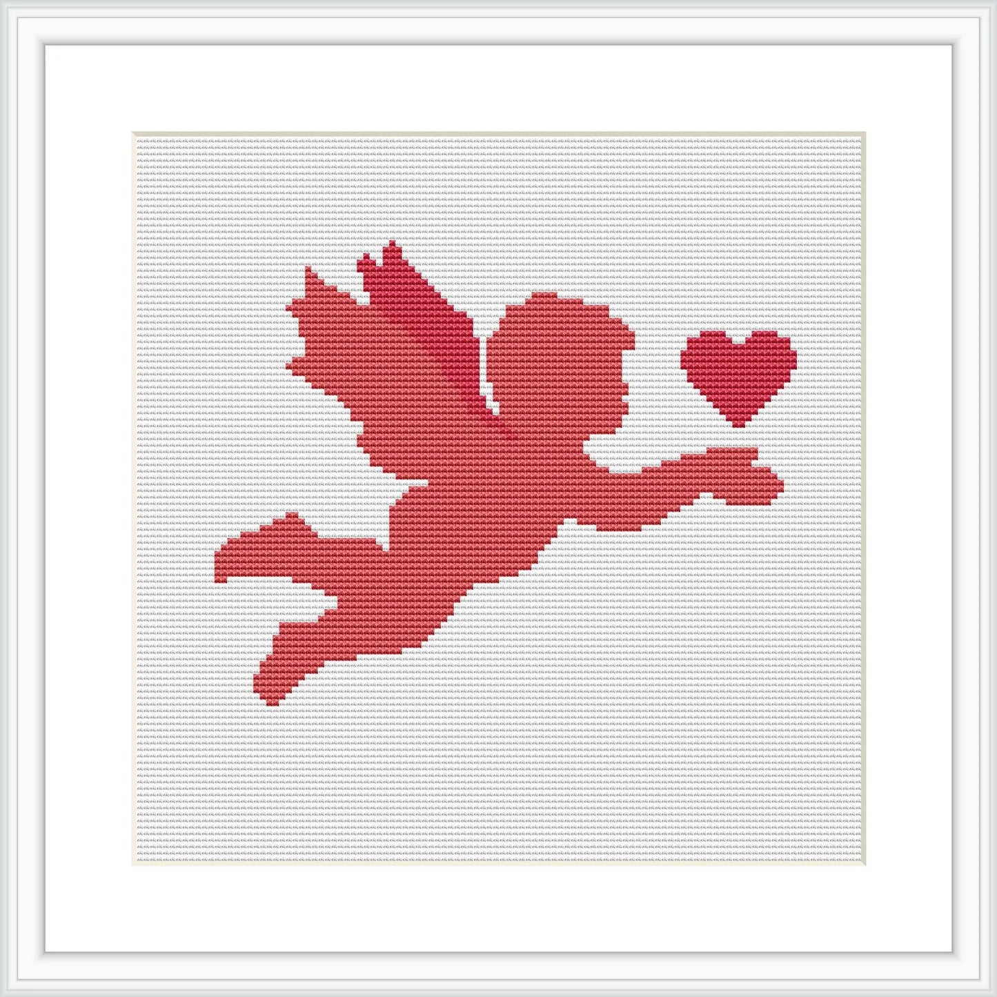 The image shows a cross-stitch pattern of a silhouette of Cupid in mid-flight, holding a heart. The background is white, and Cupid is stitched in various shades of red. The pattern is presented within a white square frame.