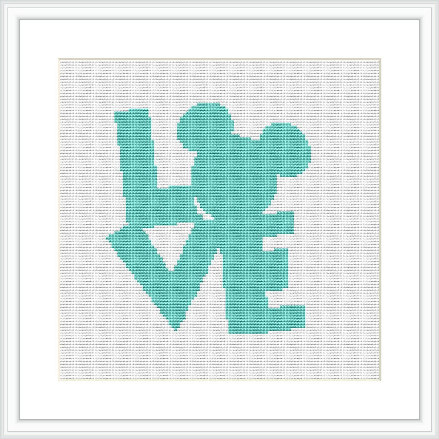 The image presents a framed cross stitch pattern with a design spelling the word 'LOVE', where the 'O' is replaced by the silhouette of a popular Disney character's head and ears. The design is set against a white background and exhibited in a simple, elegant frame.