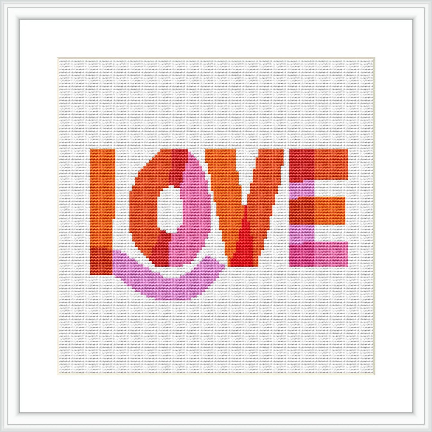 The image features the word 'LOVE' in capital letters, laid out in a pixelated effect with a heart shape replacing the 'O'. The typography is displayed against a plain white background and it's framed in a simple white square frame.