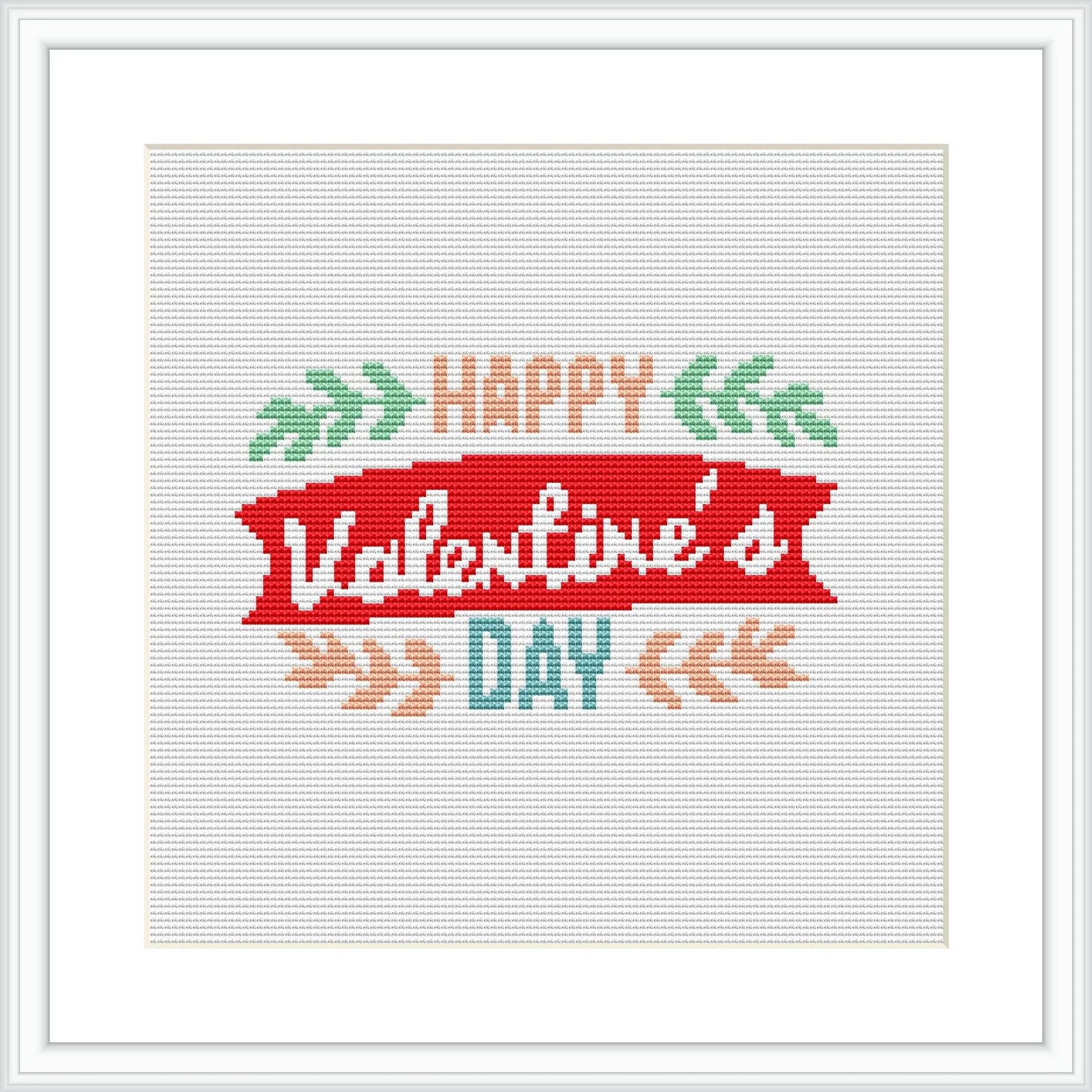 The image showcases a square cross-stitch pattern featuring a stylized banner with the text 'Happy Valentine's Day' surrounded by decorative elements like foliage and arrows.