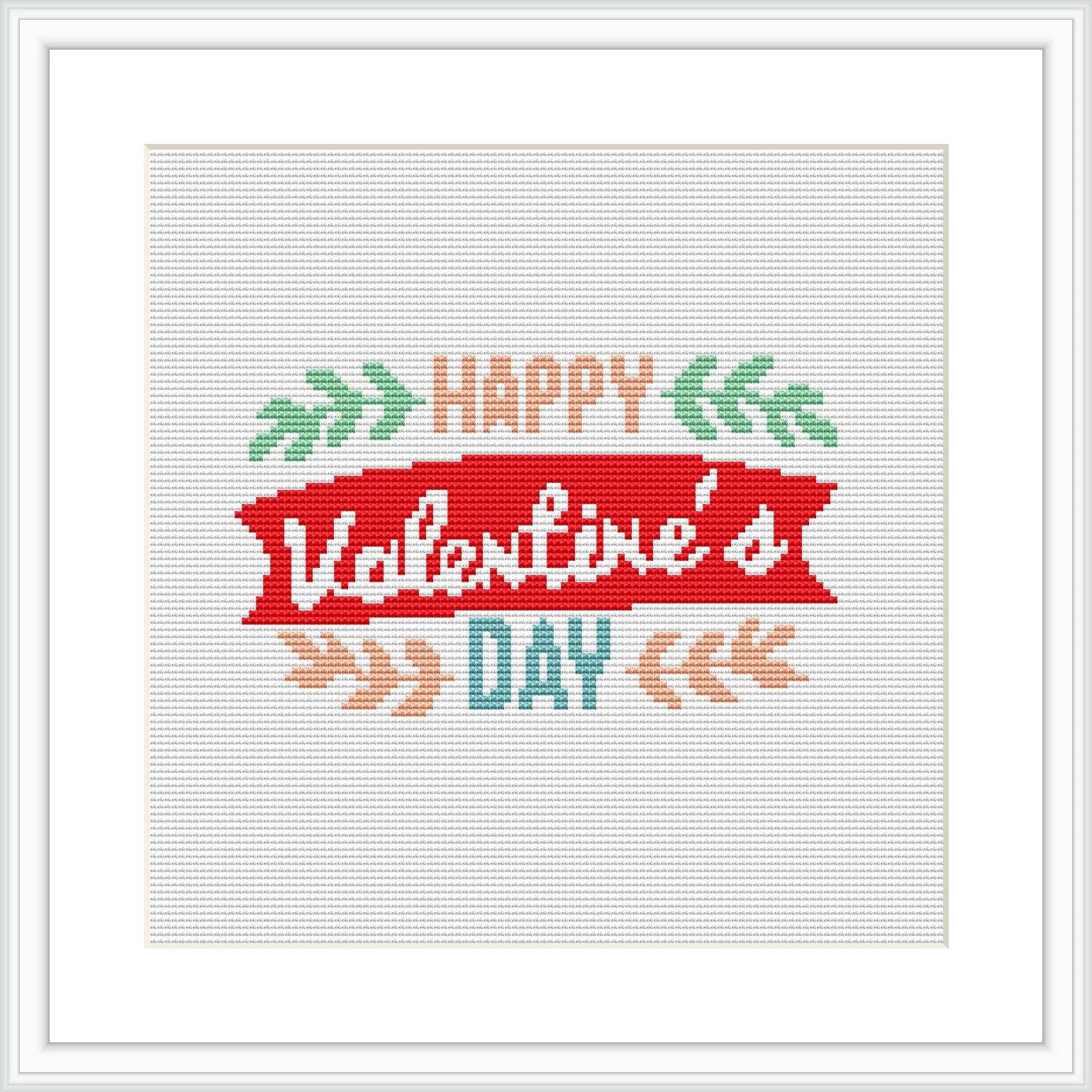 The image showcases a square cross-stitch pattern featuring a stylized banner with the text 'Happy Valentine's Day' surrounded by decorative elements like foliage and arrows.