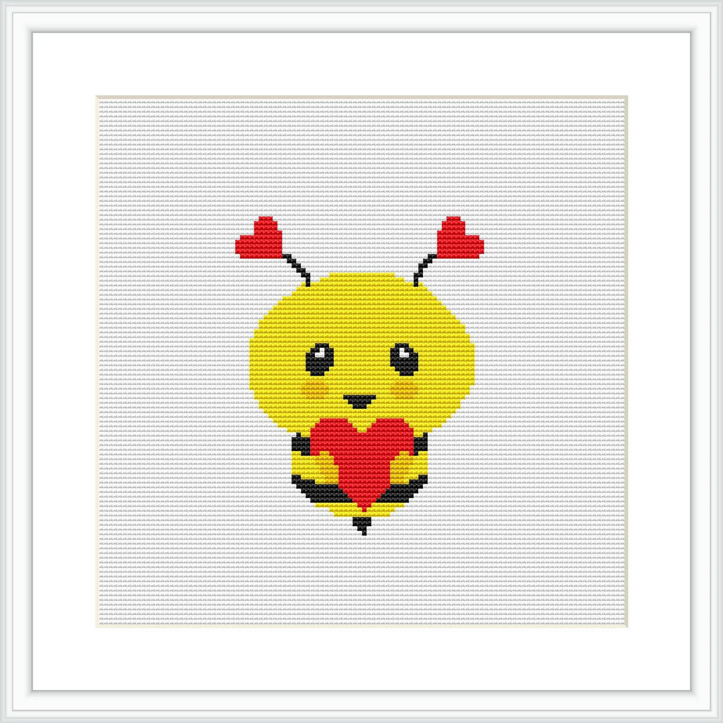 The image shows a yellow bee with red hearts for wings and antennas, holding a larger red heart, centered on a white canvas framed in a square format within a simple black frame.