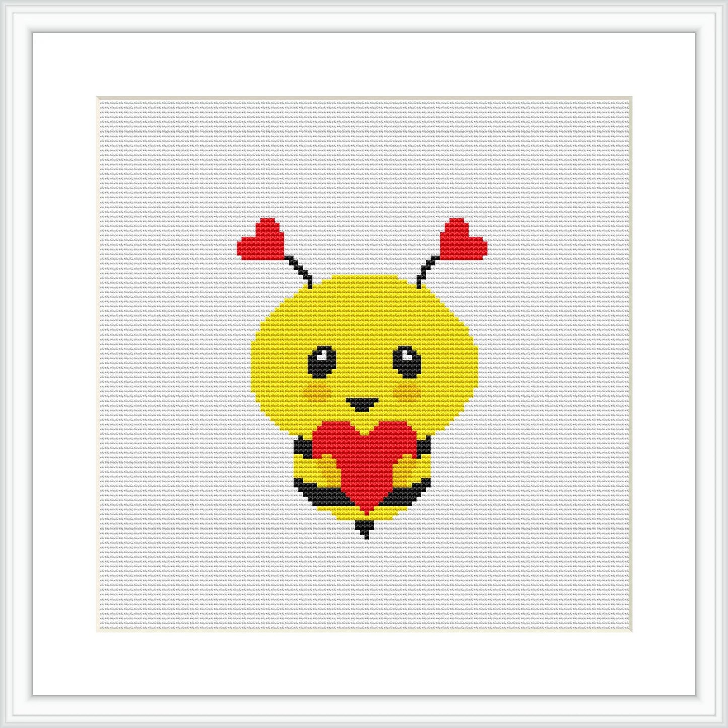 The image shows a yellow bee with red hearts for wings and antennas, holding a larger red heart, centered on a white canvas framed in a square format within a simple black frame.