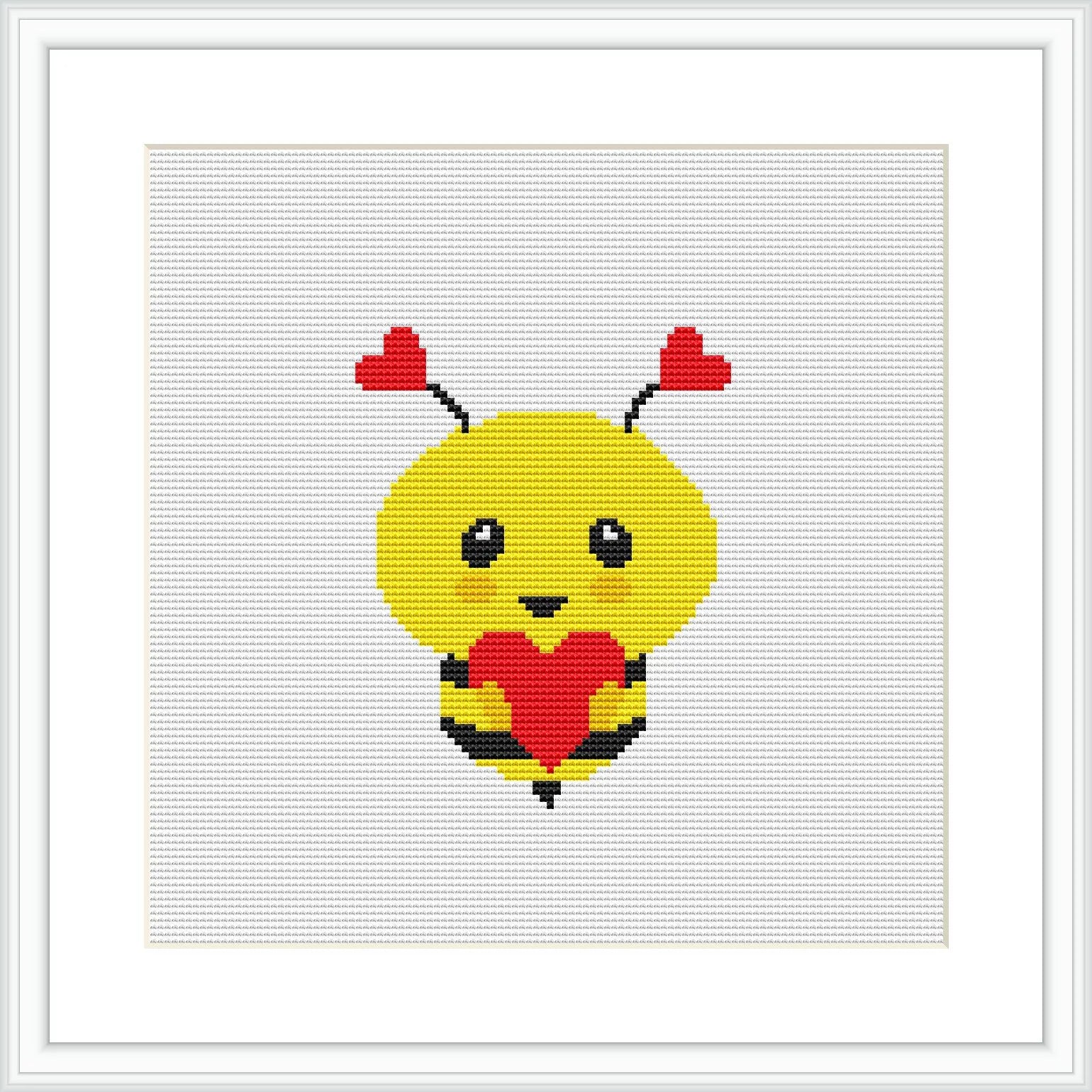 The image shows a yellow bee with red hearts for wings and antennas, holding a larger red heart, centered on a white canvas framed in a square format within a simple black frame.