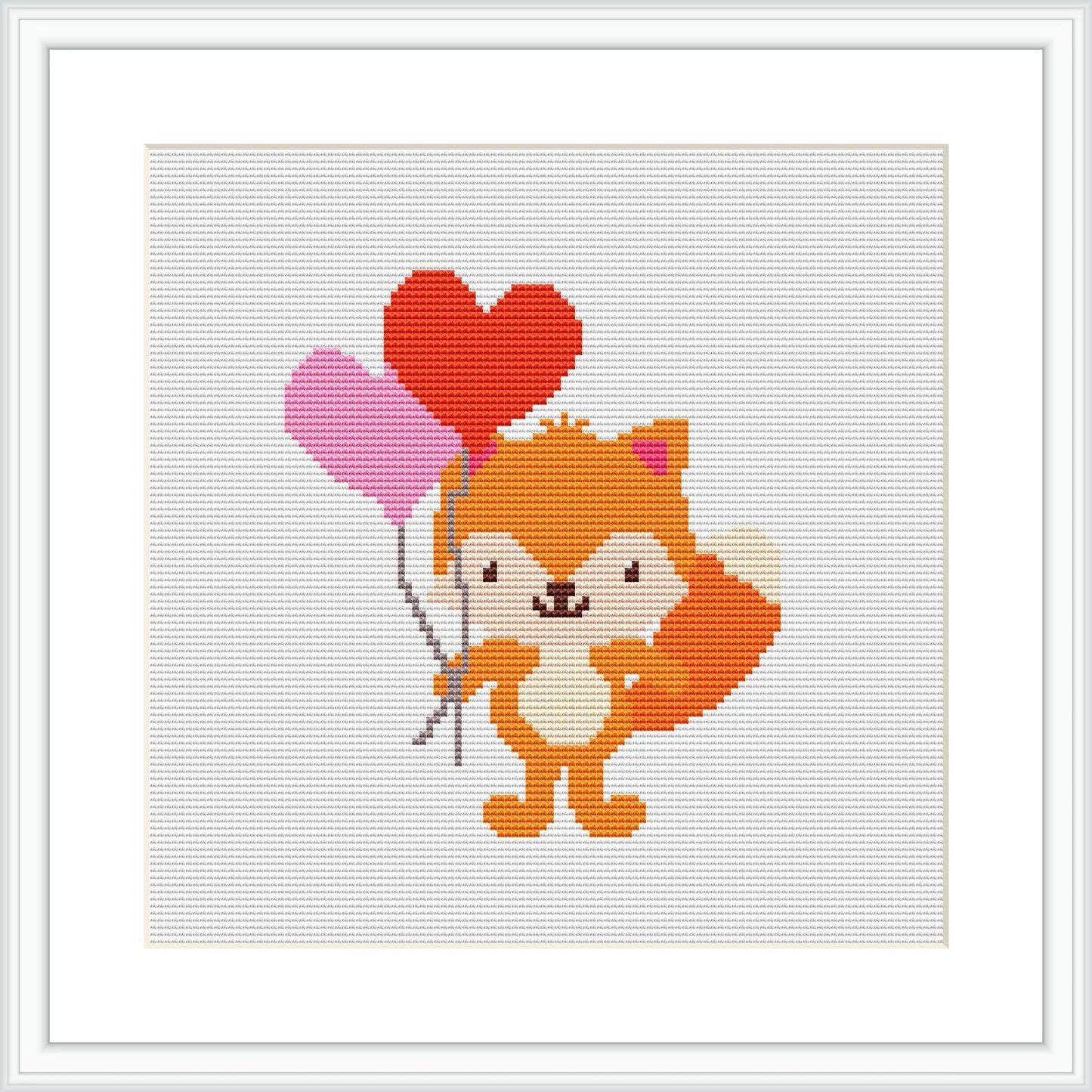 The image displays a cross stitch pattern of a fox with an orange and white coat holding three heart-shaped balloons in shades of red and pink. The fox is in a standing position, centered on a white canvas, within a square frame.