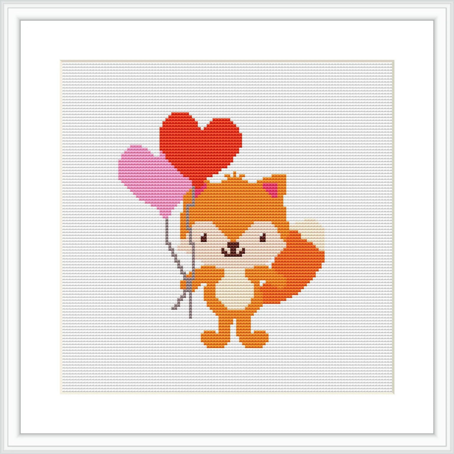 The image displays a cross stitch pattern of a fox with an orange and white coat holding three heart-shaped balloons in shades of red and pink. The fox is in a standing position, centered on a white canvas, within a square frame.