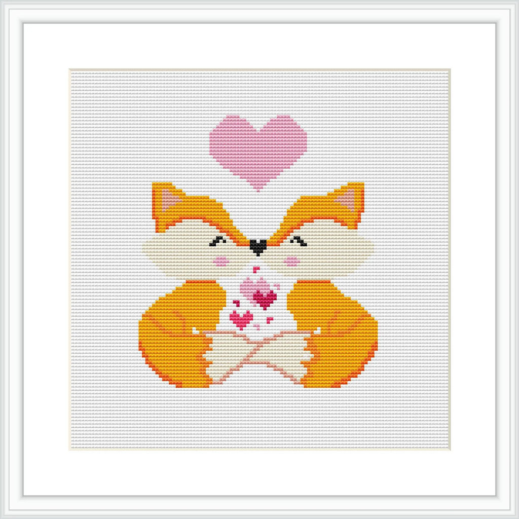 The image shows a cross stitch pattern featuring two mirrored foxes with a shared gaze, forming a heart with their outlines. Above them is a larger heart symbol. The design is contained within a white square frame.