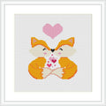 The image shows a cross stitch pattern featuring two mirrored foxes with a shared gaze, forming a heart with their outlines. Above them is a larger heart symbol. The design is contained within a white square frame.