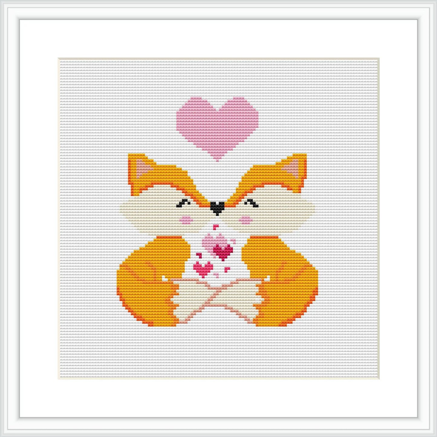 The image shows a cross stitch pattern featuring two mirrored foxes with a shared gaze, forming a heart with their outlines. Above them is a larger heart symbol. The design is contained within a white square frame.