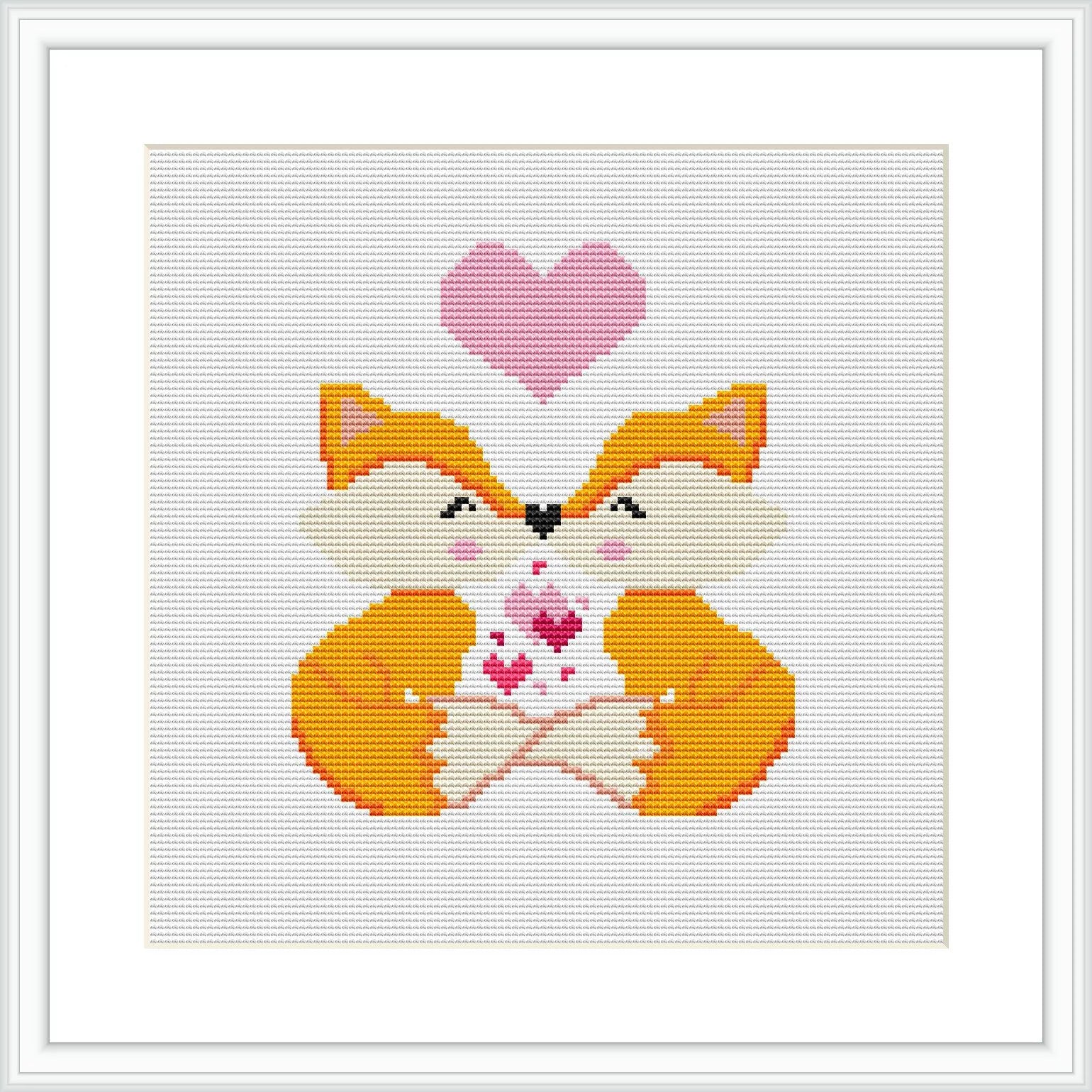 The image shows a cross stitch pattern featuring two mirrored foxes with a shared gaze, forming a heart with their outlines. Above them is a larger heart symbol. The design is contained within a white square frame.