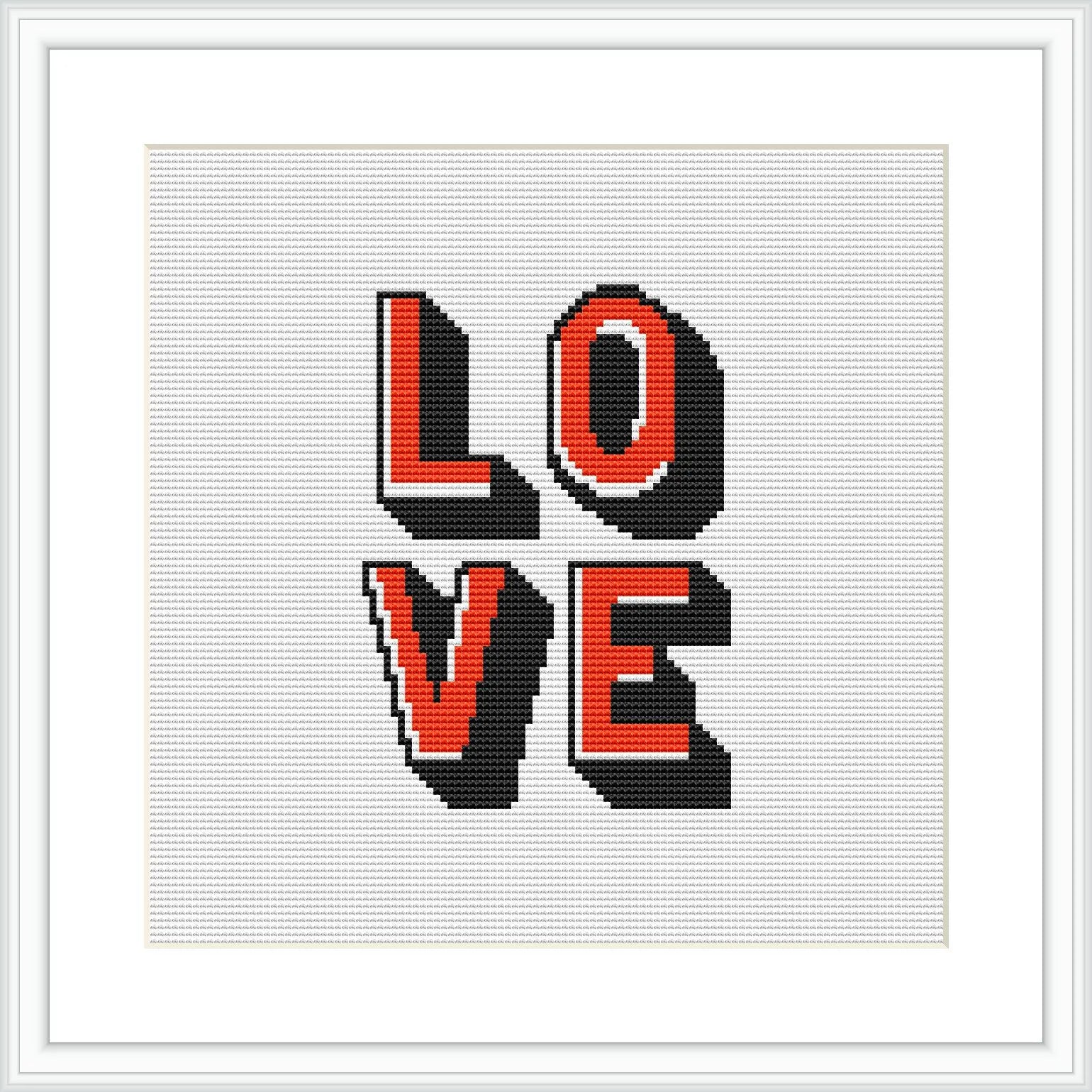 The image shows a framed cross stitch pattern of the word 'LOVE' where each letter is designed with distinct segments and angles. The letters are rendered in red and black tones against a white cloth background.