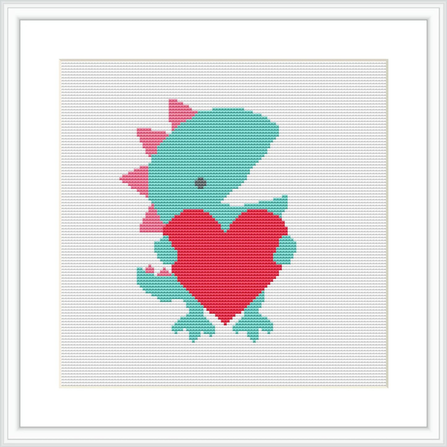 The image depicts a cross stitch pattern showing a stylized T-Rex dinosaur in turquoise and green. The dinosaur is holding a red heart in front of its chest and is designed with pixel art style against a white fabric background.