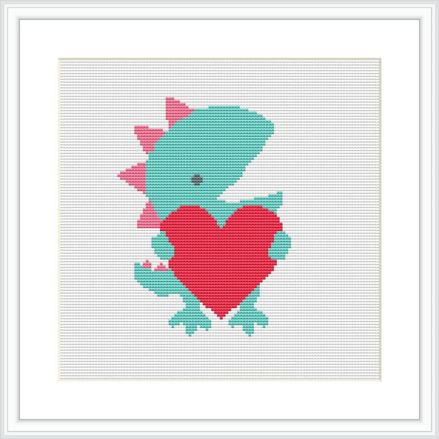 The image depicts a cross stitch pattern showing a stylized T-Rex dinosaur in turquoise and green. The dinosaur is holding a red heart in front of its chest and is designed with pixel art style against a white fabric background.