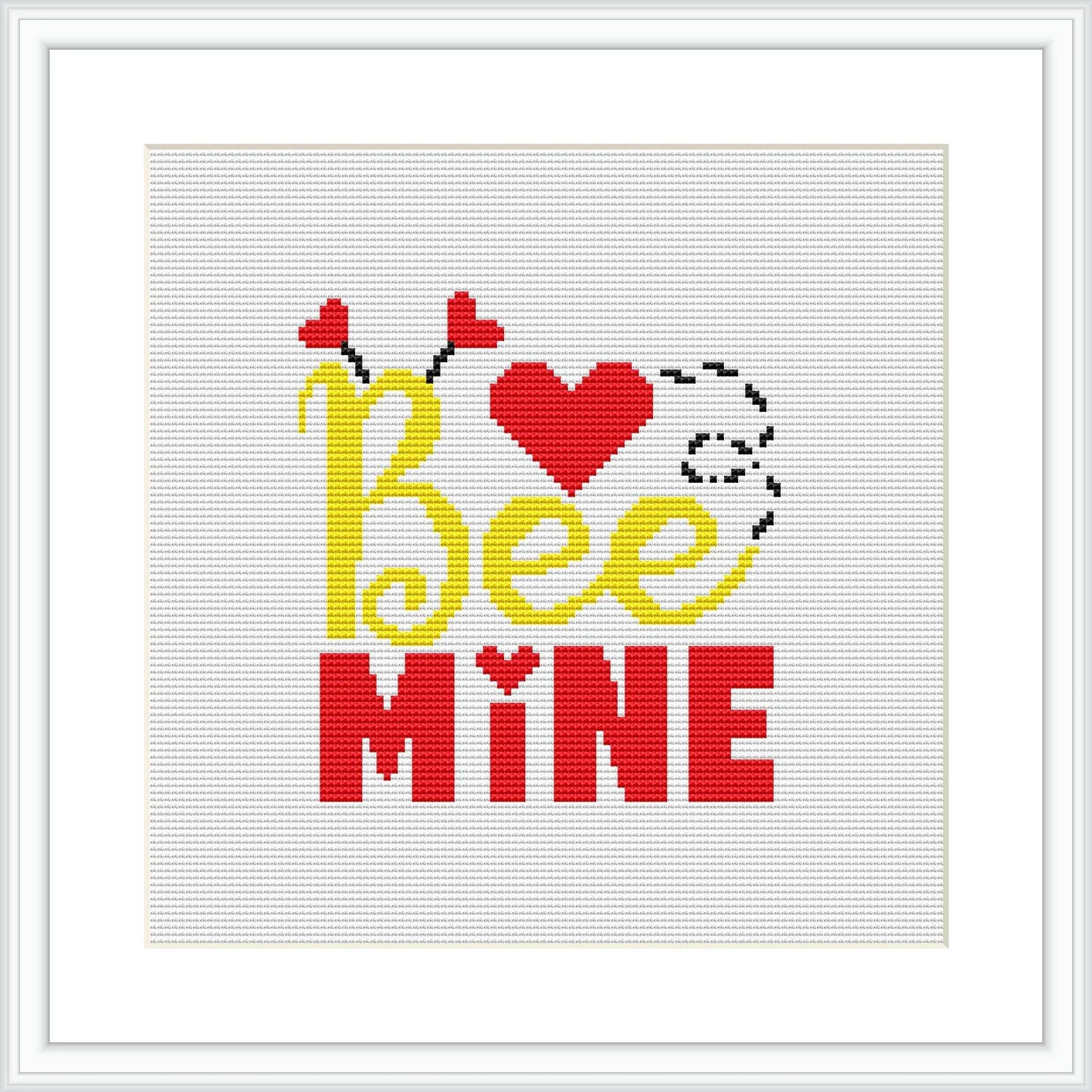 This cross stitch pattern features the words 'Bee Mine' with the 'Bee' part written in yellow and the 'Mine' in red. Above the 'Bee' is a red heart and two bees, one at each end of the phrase. The background is white, and the pattern is contained within a square frame.