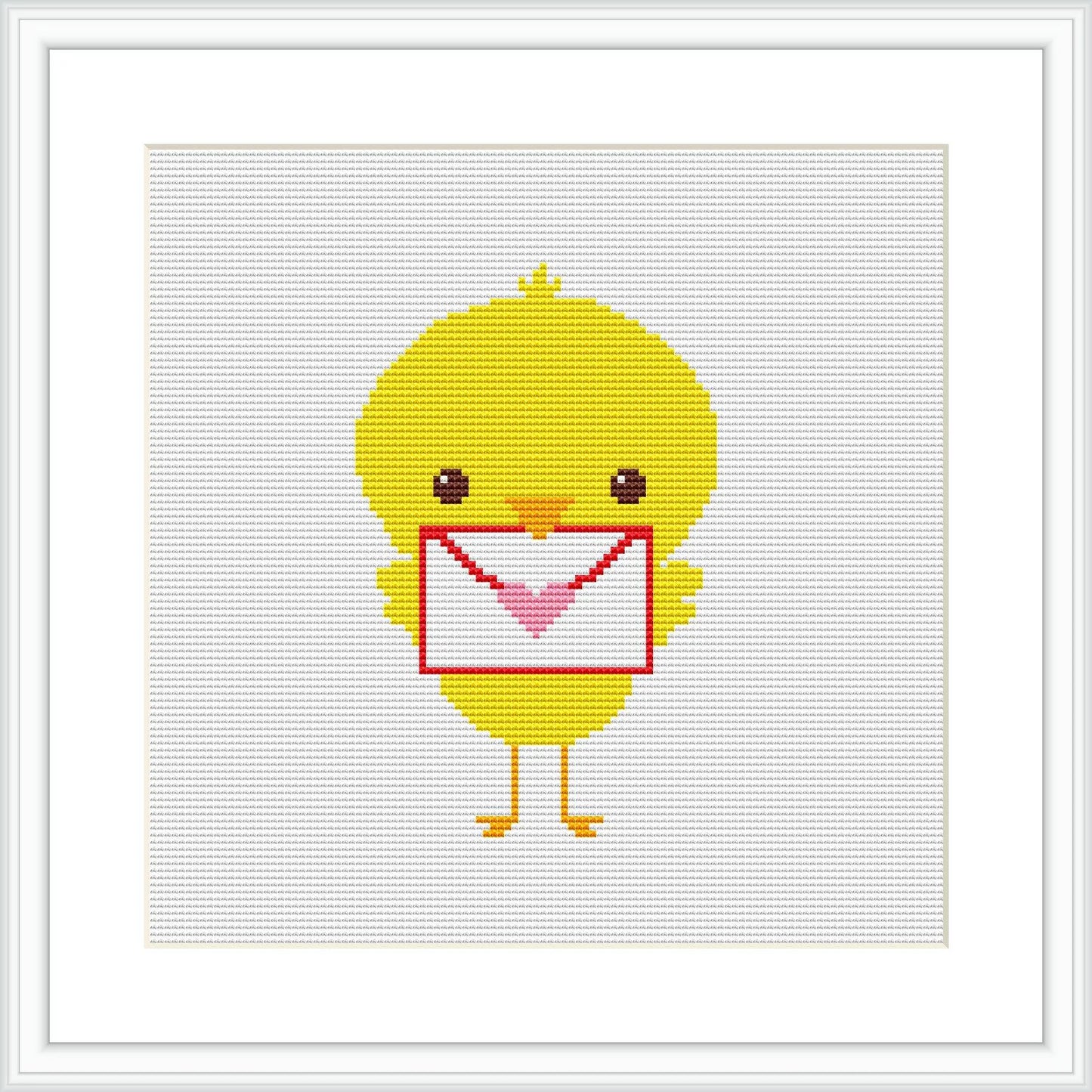 The image depicts a cross stitch pattern of a cute yellow chick standing upright. It holds a white envelope with a red heart on its flap, suggesting a theme of sending love or affection. The background is blank, allowing the chick to be the focal point.