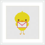 The image depicts a cross stitch pattern of a cute yellow chick standing upright. It holds a white envelope with a red heart on its flap, suggesting a theme of sending love or affection. The background is blank, allowing the chick to be the focal point.