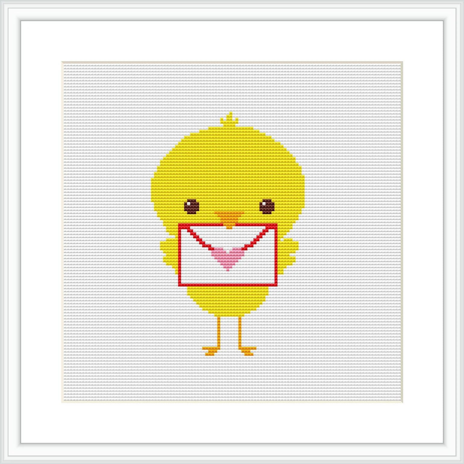 The image depicts a cross stitch pattern of a cute yellow chick standing upright. It holds a white envelope with a red heart on its flap, suggesting a theme of sending love or affection. The background is blank, allowing the chick to be the focal point.