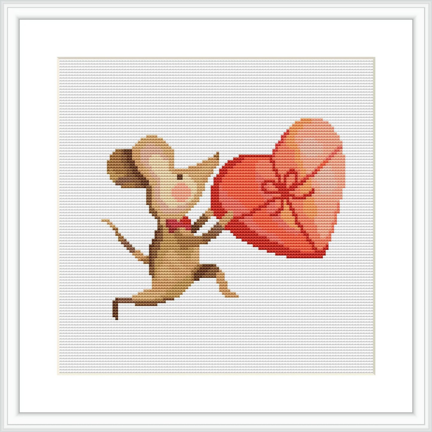 The image depicts a small mouse in a dynamic pose carrying a large red heart to the right side. Both the mouse and the heart are rendered in cross stitch on a plain white background, framed in a simple white frame.