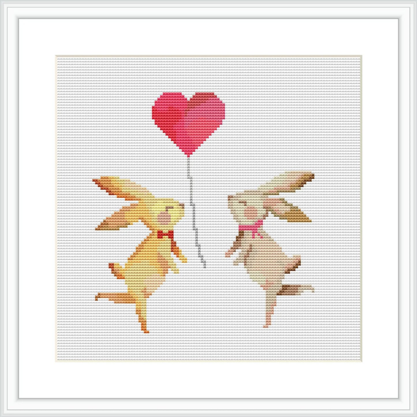 The image presents a cross stitch pattern that features two playful bunnies, one in a shade of yellow and the other in pink, seemingly in mid-jump and holding onto a string that is attached to a red heart-shaped balloon. They are centered in the frame against a white background.