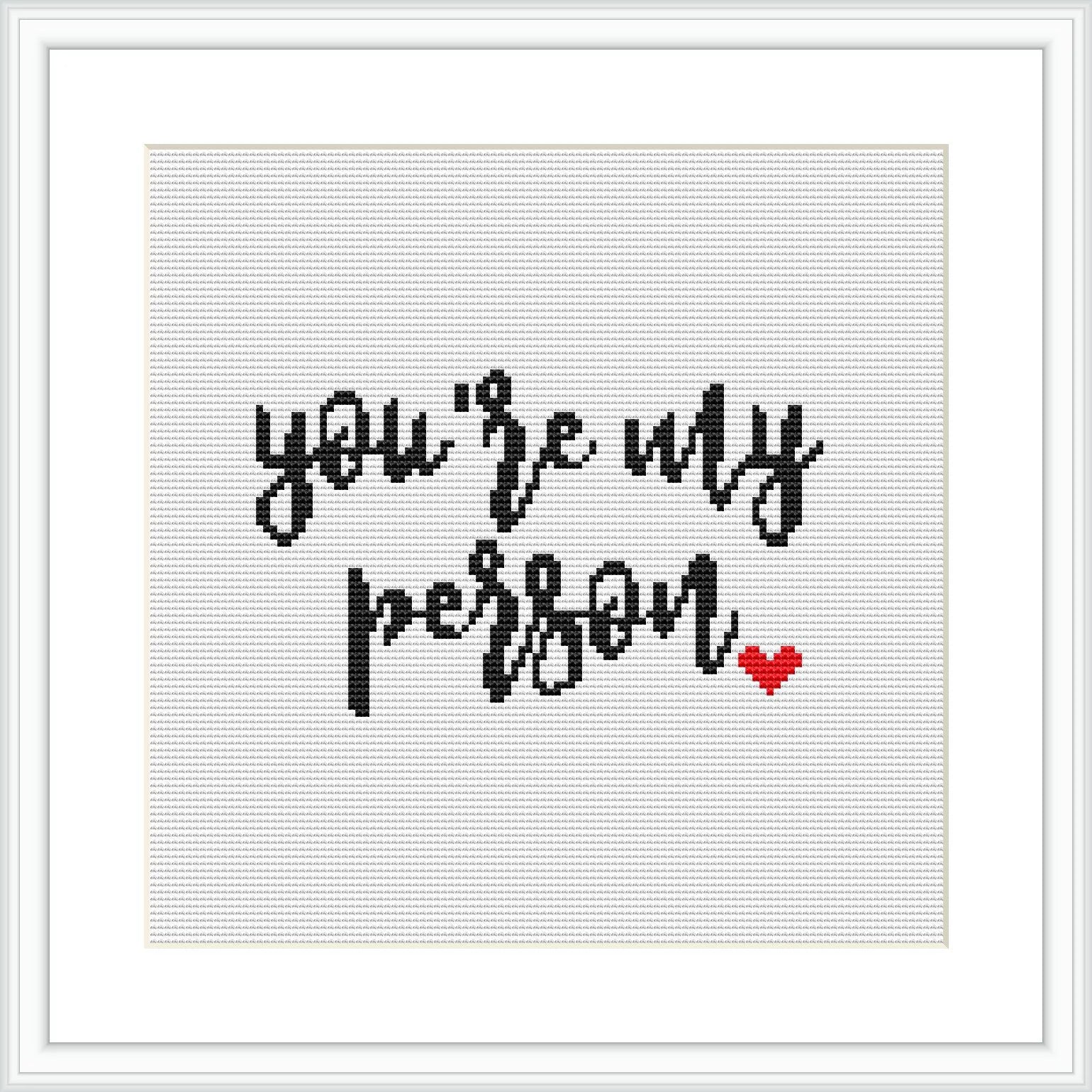 The image features black cross-stitched text that reads 'you're my person' with a small red heart at the bottom right, all centered on a white aida cloth, framed in a simple square frame.