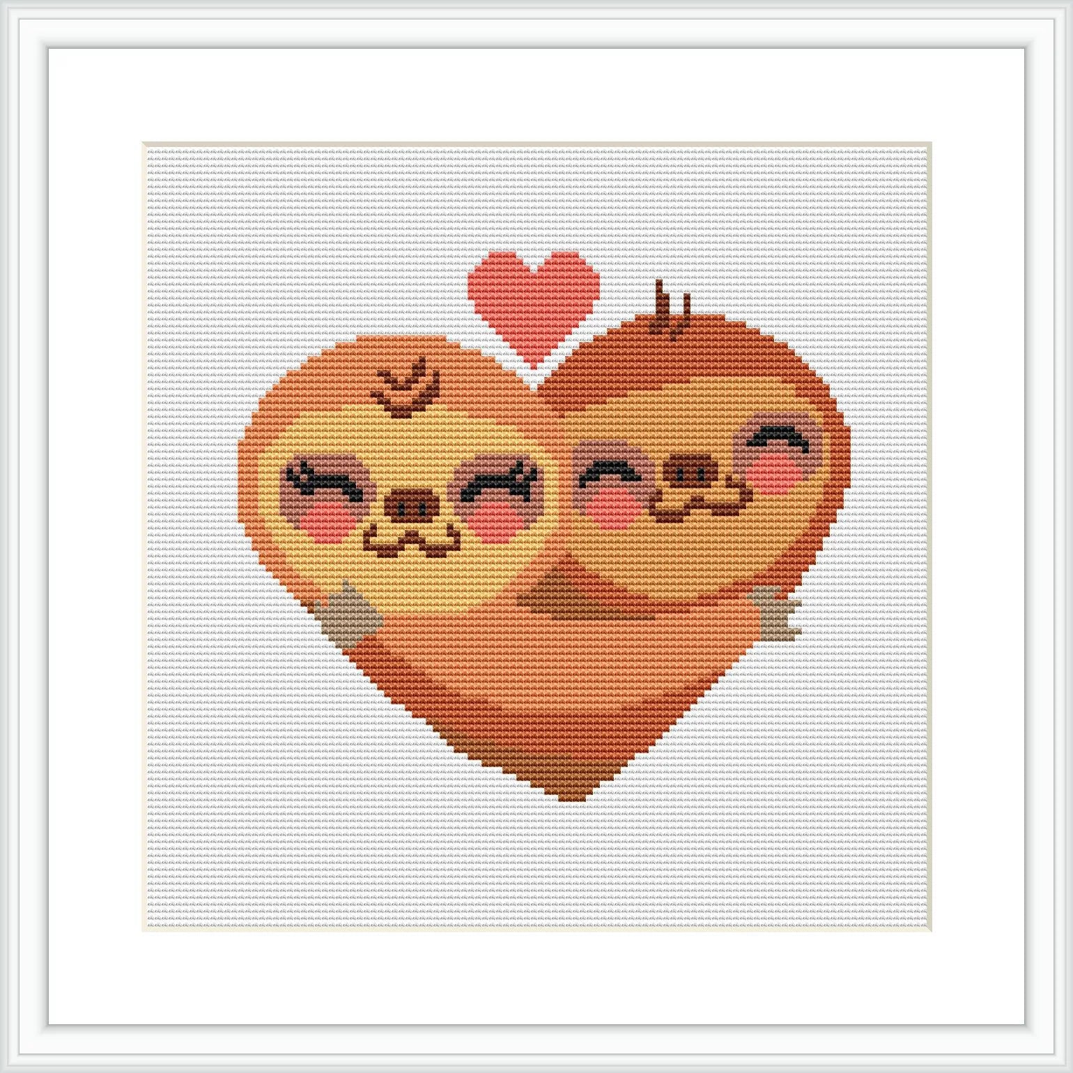 A framed cross stitch pattern depicting two sloths hugging inside a large heart shape with a small heart above them, set against a white background.