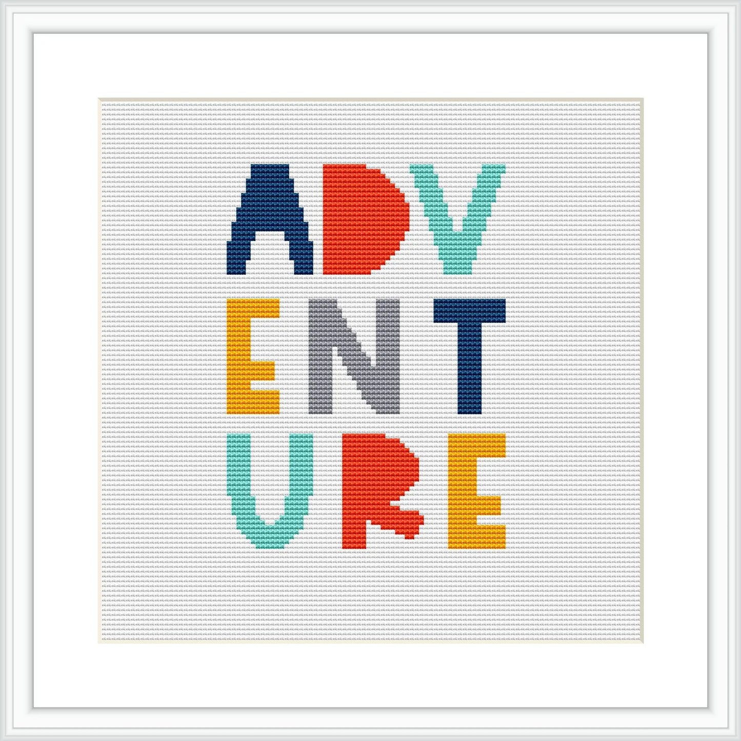 The image features a cross stitch pattern with the word 'ADVENTURE' in block letters, each letter in a unique, bold color. The letters are centered on a white canvas, within a square frame.