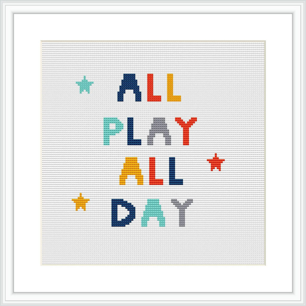 The image features the phrase 'ALL PLAY ALL DAY' in multicolored block letters, centered on a white fabric. Stars in matching colors are scattered around the text.