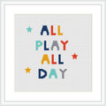 The image features the phrase 'ALL PLAY ALL DAY' in multicolored block letters, centered on a white fabric. Stars in matching colors are scattered around the text.